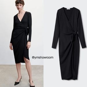 Mango Black Wrap-Style Long-Sleeve Midi Dress
